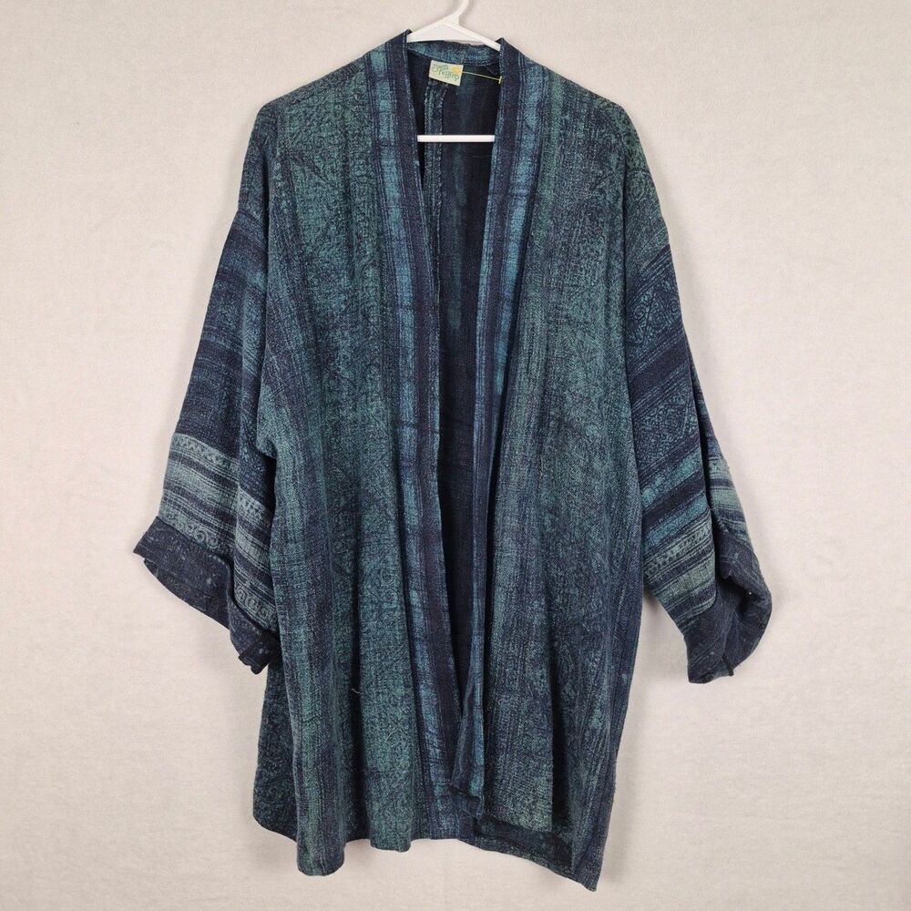 Santa Fe Hemp Womens Large Open Front Indigo Woven Kimono Cardigan Boho Blue